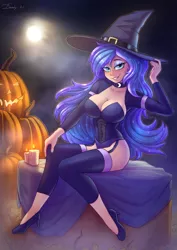 Size: 2480x3508 | Tagged: suggestive, artist:dandy, derpibooru import, princess luna, human, bedroom eyes, breasts, busty princess luna, choker, cleavage, clothes, corset, eyeshadow, female, grin, halloween, hat, high res, holiday, humanized, image, jack-o-lantern, looking at you, makeup, moon, night, panties, png, pumpkin, shoes, smiling, solo, solo female, underwear, witch hat