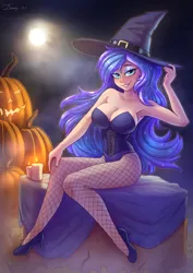 Size: 2480x3508 | Tagged: suggestive, artist:dandy, derpibooru import, princess luna, human, bedroom eyes, breasts, busty princess luna, cleavage, clothes, corset, eyeshadow, female, grin, halloween, hat, high res, holiday, humanized, image, jack-o-lantern, looking at you, makeup, mesh, moon, night, panties, png, pumpkin, shoes, smiling, solo, solo female, underwear, witch hat