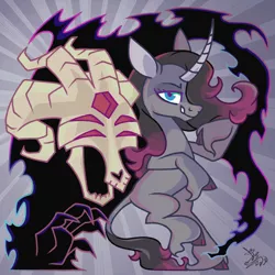 Size: 1198x1198 | Tagged: safe, artist:syriskater, derpibooru import, fhtng th§ ¿nsp§kbl, oleander (tfh), classical unicorn, demon, pony, unicorn, them's fightin' herds, cloven hooves, community related, duo, female, image, leonine tail, magic, mare, png, skull, unshorn fetlocks