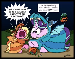 Size: 1024x806 | Tagged: safe, artist:bobthedalek, derpibooru import, luster dawn, starlight glimmer, pony, unicorn, candy, clothes, costume, dragon costume, female, food, halloween, holiday, image, jpeg, mother and child, mother and daughter, nightmare night, older, older starlight glimmer, pail, trick or treat