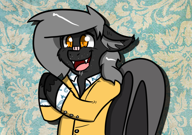 Size: 1000x700 | Tagged: safe, artist:tranzmuteproductions, derpibooru import, oc, oc:tranzmute, unofficial characters only, bat pony, pony, :d, abstract background, bandaid, bat pony oc, bat wings, bust, clothes, ear fluff, image, male, open mouth, open smile, png, smiling, solo, stallion, wings