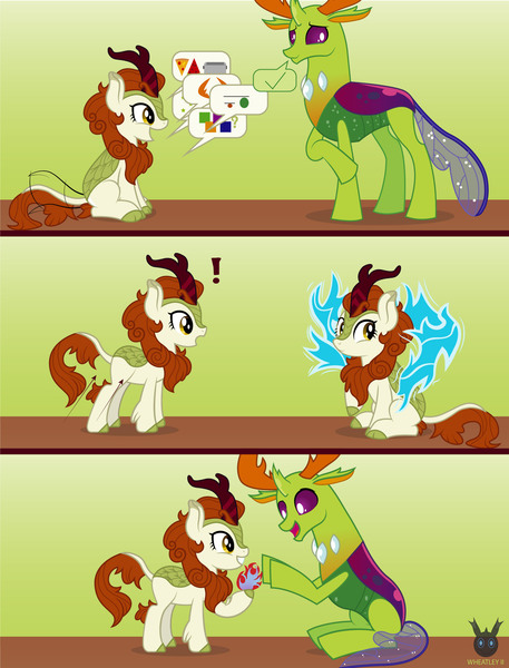 Size: 1870x2453 | Tagged: safe, artist:wheatley r.h., derpibooru import, autumn blaze, thorax, oc, changedling, changeling, kirin, ask, asking, bugs doing bug things, comic, derpibooru exclusive, fire, image, jpeg, king thorax, mlp fim's eleventh anniversary, speech bubble, surprised, vector, watermark