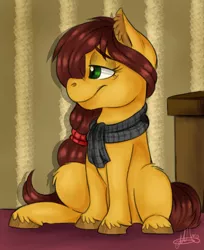 Size: 930x1140 | Tagged: safe, artist:millefaller, derpibooru import, oc, earth pony, pony, clothes, ear fluff, earth pony oc, eyelashes, female, image, indoors, mare, png, scarf, sitting, smiling, unshorn fetlocks