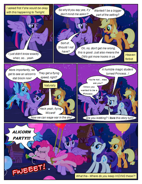 Size: 612x792 | Tagged: safe, artist:newbiespud, derpibooru import, edit, edited screencap, screencap, applejack, pinkie pie, rainbow dash, twilight sparkle, twilight sparkle (alicorn), alicorn, earth pony, pegasus, pony, comic:friendship is dragons, magical mystery cure, balloon, comic, dialogue, eyelashes, female, floating, hat, image, mare, night, outdoors, party horn, png, raised hoof, screencap comic, stars, then watch her balloons lift her up to the sky