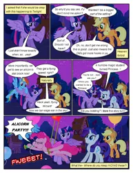 Size: 612x792 | Tagged: safe, artist:newbiespud, derpibooru import, edit, edited screencap, screencap, applejack, pinkie pie, rainbow dash, twilight sparkle, twilight sparkle (alicorn), alicorn, earth pony, pegasus, pony, comic:friendship is dragons, magical mystery cure, balloon, comic, dialogue, eyelashes, female, floating, hat, image, mare, night, outdoors, party horn, png, raised hoof, screencap comic, stars, then watch her balloons lift her up to the sky