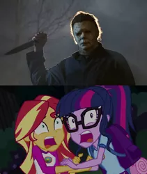 Size: 1000x1184 | Tagged: safe, derpibooru import, screencap, sci-twi, sunset shimmer, twilight sparkle, equestria girls, legend of everfree, halloween, halloween 2018, holiday, image, michael myers, png