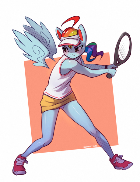 Size: 1308x1705 | Tagged: safe, artist:mrscroup, derpibooru import, rainbow dash, anthro, pegasus, plantigrade anthro, alternate hairstyle, clothes, hat, image, jpeg, ponytail, shoes, skirt, sports, tennis, tennis racket