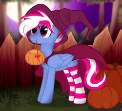 Size: 1800x1640 | Tagged: safe, artist:vizirka, derpibooru import, oc, oc:steam loco, unofficial characters only, pegasus, pony, clothes, commission, cute, folded wings, full moon, halloween, hat, holiday, image, male, moon, pegasus oc, png, pumpkin, pumpkin bucket, socks, solo, spooky, standing, striped socks, wings, witch hat, ych result