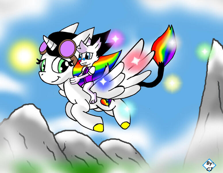 Size: 1280x990 | Tagged: safe, artist:frostthehobidon, derpibooru import, oc, oc:dr. wolf, oc:lightning bliss, cloud, cute, flying, goggles, image, jpeg, mountain, ocbetes, sun