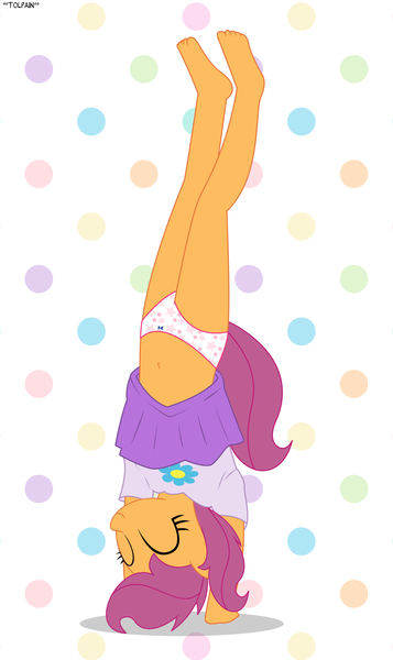 Size: 2245x3773 | Tagged: suggestive, artist:tolpain, banned from derpibooru, ponybooru import, scootaloo, anthro, plantigrade anthro, barefoot, belly button, clothes, feet, female, girly, handstand, image, lolicon, panties, panty shot, png, polka dot background, polka dots, skirt, solo, underage, underwear, upside down, upskirt