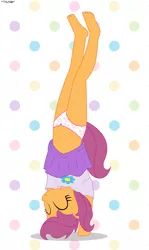 Size: 2245x3773 | Tagged: suggestive, artist:tolpain, banned from derpibooru, ponybooru import, scootaloo, anthro, plantigrade anthro, barefoot, belly button, clothes, feet, female, girly, handstand, image, lolicon, panties, panty shot, png, polka dot background, polka dots, skirt, solo, underage, underwear, upside down, upskirt