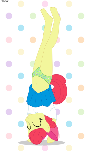 Size: 2245x3773 | Tagged: suggestive, artist:tolpain, banned from derpibooru, ponybooru import, apple bloom, anthro, plantigrade anthro, barefoot, belly button, clothes, feet, female, handstand, image, lolicon, panties, panty shot, png, polka dot background, polka dots, skirt, solo, underage, underwear, upside down, upskirt