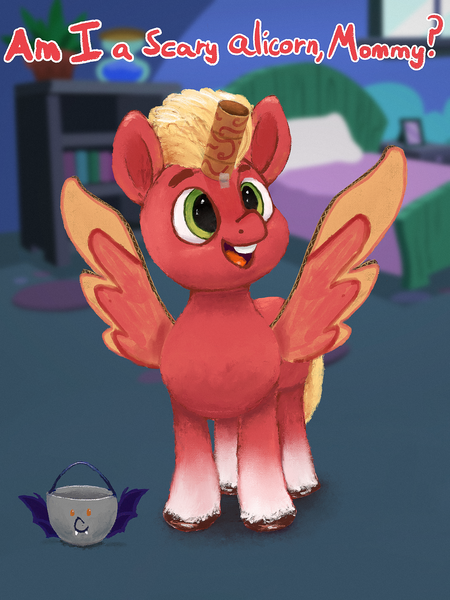 Size: 2048x2732 | Tagged: safe, artist:dummyhorse, derpibooru import, sprout cloverleaf, earth pony, pony, my little pony: a new generation, bed, bedroom, cardboard box, clothes, coat markings, colt, colt sprout, costume, fake alicorn, fake horn, fake wings, g5, halloween, halloween costume, holiday, image, implied phyllis cloverleaf, male, mommy, open mouth, png, socks (coat marking)