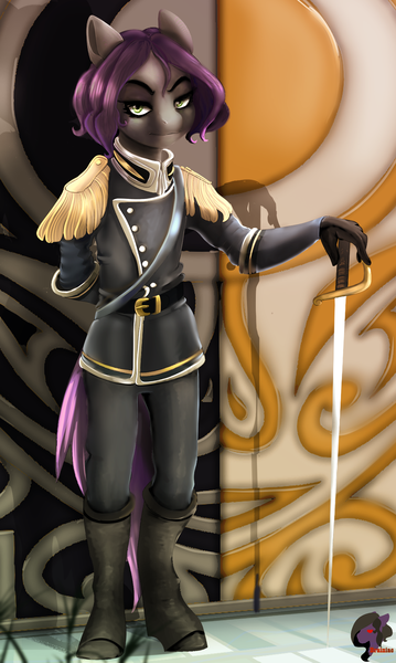 Size: 1200x2007 | Tagged: safe, artist:brainiac, derpibooru import, oc, unofficial characters only, anthro, earth pony, clothes, commission, digital painting, epaulettes, image, link in description, png, solo, sword, tiktok, timelapse, uniform, weapon