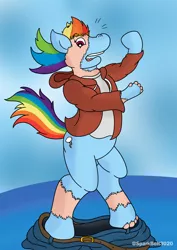 Size: 2480x3508 | Tagged: safe, artist:sparkbolt3020, derpibooru import, rainbow dash, human, pegasus, pony, belt, blue background, bottomless, clothes, ears, emanata, female, hoodie, hooves, human to pony, image, looking at self, looking down, male to female, mane, mare, mid-transformation, muzzle, open mouth, pants, pants down, partial nudity, png, rule 63, shirt, shocked, simple background, solo, surprised, tail, transformation, transgender transformation