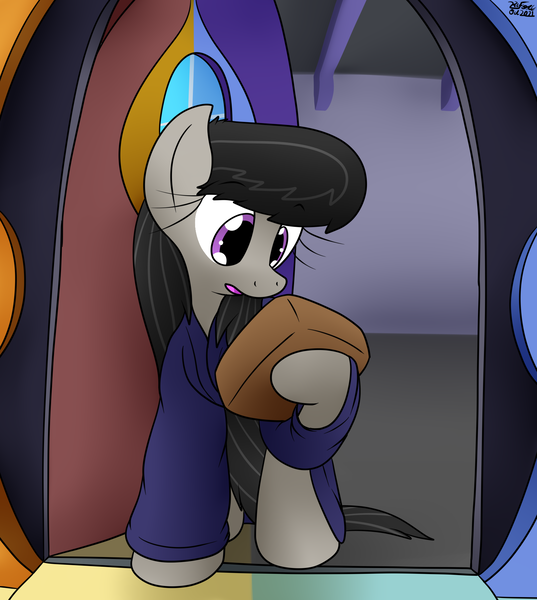 Size: 1662x1857 | Tagged: safe, artist:the-furry-railfan, derpibooru import, octavia melody, earth pony, pony, bathrobe, clothes, doorway, image, package, png, porch, robe, robes, this will end in balloons, vinyl and octavia's home