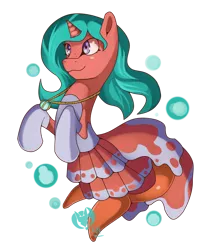 Size: 1024x1229 | Tagged: safe, artist:kenisu-of-dragons, derpibooru import, oc, unofficial characters only, merpony, pony, seapony (g4), unicorn, bubble, clothes, commission, dress, fish tail, flowing mane, green mane, horn, image, jewelry, necklace, png, purple eyes, seaponified, simple background, smiling, solo, species swap, tail, transparent background