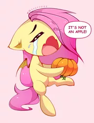 Size: 797x1040 | Tagged: safe, artist:shavurrr, derpibooru import, fluttershy, bat pony, adorable distress, bat ponified, crying, cute, dialogue, eyes closed, floppy ears, flutterbat, hoof hold, image, jpeg, open mouth, pink background, pumpkin, race swap, sad, sadorable, shyabates, shyabetes, simple background, sitting, solo