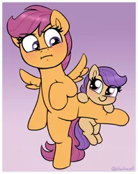 Size: 1522x1922 | Tagged: safe, artist:heretichesh, derpibooru import, scootaloo, oc, pegasus, pony, bipedal, blushing, clinging, cute, duo, female, filfil, filly, gradient background, image, jpeg, ocbetes, smol, standing, standing on one leg