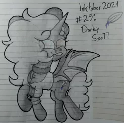 Size: 2926x2917 | Tagged: safe, artist:iceflower99, derpibooru import, oc, oc:darky spell, original species, choker, clothes, cutie mark, daemonequus, flying, image, inktober, inktober 2021, jpeg, ribbon, sweater, traditional art