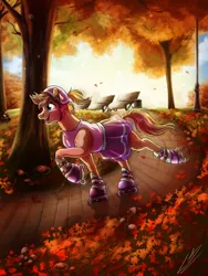 Size: 1500x2000 | Tagged: safe, artist:lupiarts, derpibooru import, autumn afternoon, oc, oc:heroic armour, unofficial characters only, pony, unicorn, autumn, commission, crossdressing, digital art, drawing, horn, illustration, image, jpeg, leaves, male, park, park bench, roller skates, skating, solo, stallion, tree, unicorn oc