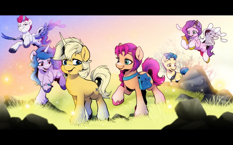 Size: 2048x1270 | Tagged: safe, artist:dormin-dim, derpibooru import, hitch trailblazer, izzy moonbow, pipp petals, sunny starscout, zipp storm, oc, oc:sunlight bolt, earth pony, pegasus, pony, unicorn, my little pony: a new generation, g5, image, jpeg