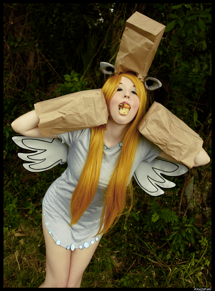 Size: 3088x4183 | Tagged: safe, artist:krazykari, derpibooru import, derpy hooves, human, clothes, cosplay, costume, food, image, irl, irl human, muffin, nightmare night costume, paper bag, paper bag wizard, photo, png, solo
