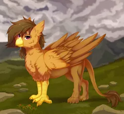 Size: 2000x1840 | Tagged: safe, artist:dinoalpaka, derpibooru import, oc, oc:moonquill, unofficial characters only, gryphon, commission, female, griffon oc, image, looking at you, mountain, png, solo
