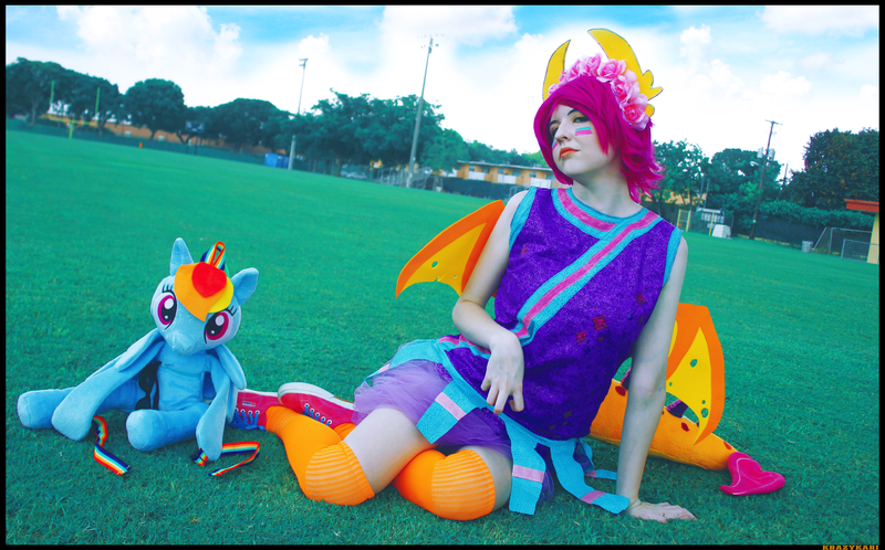 Size: 4786x2981 | Tagged: safe, artist:krazykari, derpibooru import, rainbow dash, smolder, human, cheerleader smolder, clothes, cosplay, costume, image, irl, irl human, photo, plushie, png