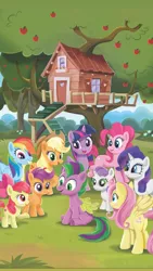 Size: 1125x2000 | Tagged: safe, artist:anthony conley, derpibooru import, apple bloom, applejack, fluttershy, pinkie pie, rainbow dash, rarity, scootaloo, spike, sweetie belle, twilight sparkle, twilight sparkle (alicorn), ponified, alicorn, earth pony, pony, unicorn, a pony named spike, apple, apple tree, book, clubhouse, crusaders clubhouse, cutie mark crusaders, food, image, jpeg, male, mane seven, mane six, ponified spike, species swap, stallion, tree