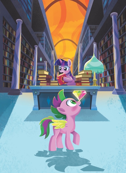 Size: 2976x4076 | Tagged: safe, artist:anthony conley, derpibooru import, spike, twilight sparkle, twilight sparkle (alicorn), ponified, alicorn, pegasus, pony, a pony named spike, book, bookshelf, gem, image, jpeg, male, ponies balancing stuff on their nose, ponified spike, species swap, stallion