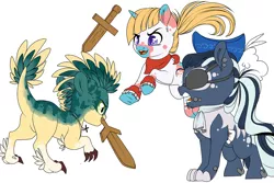 Size: 1280x853 | Tagged: safe, artist:schokocream, derpibooru import, oc, unofficial characters only, dracony, dragon, earth pony, hybrid, pony, unicorn, earth pony oc, eyepatch, female, fight, hat, horn, image, mare, mouth hold, png, simple background, sword, unicorn oc, weapon, white background
