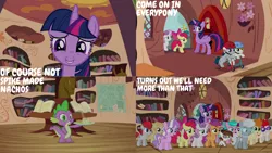 Size: 1280x720 | Tagged: safe, derpibooru import, edit, edited screencap, editor:quoterific, screencap, apple bloom, diamond tiara, pipsqueak, scootaloo, silver spoon, spike, sweetie belle, twilight sparkle, twilight sparkle (alicorn), twist, alicorn, dragon, earth pony, pegasus, pony, unicorn, season 4, twilight time, apple bloom's bow, bow, chips, colt, cutie mark crusaders, female, filly, food, golden oaks library, hair bow, image, library, male, mare, nachos, open mouth, open smile, png, smiling
