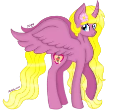 Size: 835x746 | Tagged: safe, artist:madlilon2051, derpibooru import, oc, unofficial characters only, alicorn, pony, alicorn oc, chest fluff, female, flower, flower in hair, horn, image, mare, png, raised hoof, simple background, smiling, solo, transparent background, wings