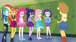 Size: 3410x1920 | Tagged: safe, derpibooru import, screencap, applejack, fluttershy, pinkie pie, rainbow dash, rarity, sci-twi, sunset shimmer, twilight sparkle, equestria girls, equestria girls series, holidays unwrapped, spoiler:eqg series (season 2), applejack's hat, belt, boots, bowtie, bracelet, clothes, cowboy boots, cowboy hat, crossed arms, cutie mark, cutie mark on clothes, denim skirt, female, geode of empathy, geode of shielding, geode of sugar bombs, geode of super speed, geode of telekinesis, glasses, grin, hairpin, hat, high heels, high res, hoodie, humane five, humane seven, humane six, image, jacket, jewelry, jpeg, leather, leather jacket, lockers, magical geodes, necklace, o come all ye squashful, ponytail, rarity peplum dress, sandals, shoes, skirt, smiling, sneakers, tanktop