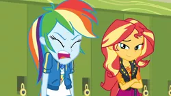 Size: 3410x1920 | Tagged: safe, derpibooru import, screencap, rainbow dash, sunset shimmer, equestria girls, equestria girls series, holidays unwrapped, spoiler:eqg series (season 2), clothes, crossed arms, cutie mark, cutie mark on clothes, eyes closed, female, geode of empathy, geode of super speed, high res, hoodie, image, jacket, jewelry, jpeg, leather, leather jacket, lockers, magical geodes, necklace, o come all ye squashful, open mouth, smiling, smug, smugset shimmer