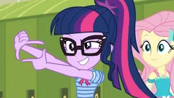 Size: 3410x1920 | Tagged: safe, derpibooru import, screencap, fluttershy, sci-twi, twilight sparkle, equestria girls, equestria girls series, holidays unwrapped, spoiler:eqg series (season 2), bowtie, female, geode of fauna, glasses, hairpin, high res, image, jewelry, jpeg, lockers, magical geodes, necklace, o come all ye squashful, ponytail, smiling