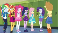 Size: 3410x1920 | Tagged: safe, derpibooru import, screencap, applejack, fluttershy, pinkie pie, rainbow dash, rarity, sci-twi, sunset shimmer, twilight sparkle, equestria girls, equestria girls series, holidays unwrapped, spoiler:eqg series (season 2), applejack's hat, belt, boots, bowtie, bracelet, clothes, cowboy boots, cowboy hat, crossed arms, cutie mark, cutie mark on clothes, denim skirt, female, geode of empathy, geode of fauna, geode of shielding, geode of sugar bombs, geode of super speed, geode of telekinesis, glasses, hairpin, hat, high heels, high res, hoodie, humane five, humane seven, humane six, image, jacket, jewelry, jpeg, leather, leather jacket, lockers, magical geodes, necklace, o come all ye squashful, ponytail, rarity peplum dress, sandals, shoes, skirt, tanktop