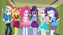 Size: 3410x1920 | Tagged: safe, derpibooru import, screencap, fluttershy, pinkie pie, rainbow dash, rarity, sci-twi, sunset shimmer, twilight sparkle, equestria girls, equestria girls series, holidays unwrapped, spoiler:eqg series (season 2), bowtie, bracelet, clothes, crossed arms, cute, cutie mark, cutie mark on clothes, eyes closed, female, geode of empathy, geode of fauna, geode of shielding, geode of sugar bombs, geode of super speed, geode of telekinesis, glasses, grin, hairpin, hand on hip, high res, hoodie, image, jacket, jewelry, jpeg, leather, leather jacket, lockers, magical geodes, necklace, o come all ye squashful, ponytail, raribetes, rarity peplum dress, smiling, tanktop, varying degrees of want