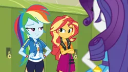 Size: 3410x1920 | Tagged: safe, derpibooru import, screencap, rainbow dash, rarity, sunset shimmer, equestria girls, equestria girls series, holidays unwrapped, spoiler:eqg series (season 2), bracelet, clothes, crossed arms, cutie mark, cutie mark on clothes, female, geode of empathy, geode of super speed, hand on hip, high res, hoodie, image, jacket, jewelry, jpeg, leather, leather jacket, lockers, magical geodes, necklace, o come all ye squashful, rarity peplum dress, smiling