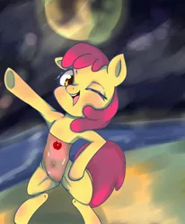 Size: 1580x1920 | Tagged: safe, artist:ei low, derpibooru import, apple bloom, earth pony, pony, beach, bipedal, clothes, female, filly, image, jpeg, night, one-piece swimsuit, solo, swimsuit