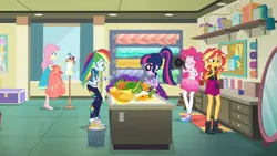 Size: 3410x1920 | Tagged: safe, derpibooru import, screencap, fluttershy, pinkie pie, rainbow dash, sci-twi, sunset shimmer, twilight sparkle, bird, equestria girls, equestria girls series, holidays unwrapped, spoiler:eqg series (season 2), clothes, cutie mark, cutie mark on clothes, eyes closed, female, geode of empathy, geode of sugar bombs, geode of super speed, geode of telekinesis, glasses, high res, hoodie, image, jacket, jewelry, jpeg, leather, leather jacket, magical geodes, mobile phone, necklace, o come all ye squashful, phone, ponytail, sandals, shoes, smartphone, smiling, sneakers, tanktop