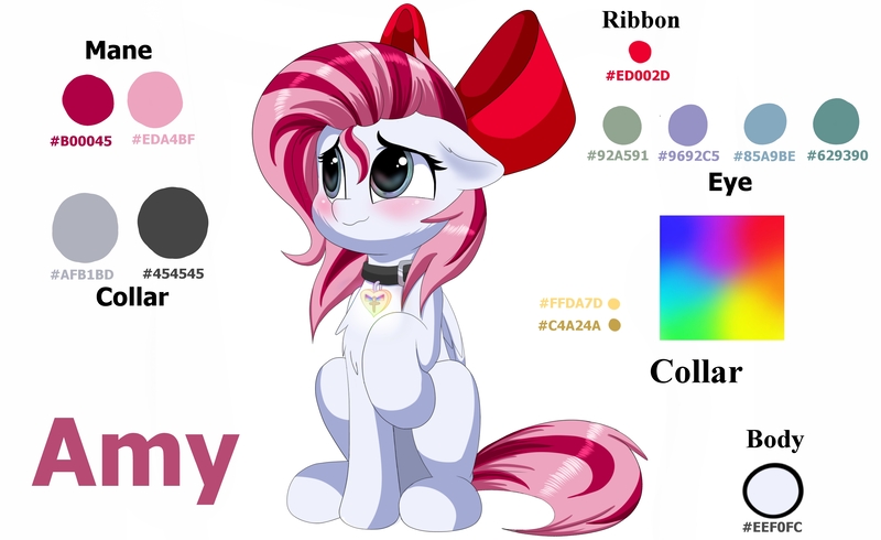 Size: 3500x2143 | Tagged: safe, artist:joaothejohn, derpibooru import, oc, oc:amy, unofficial characters only, pegasus, pony, fanfic, blushing, bow, collar, cute, fanfic art, full body, hair bow, image, jpeg, missing cutie mark, pet, pony driland, reference, reference sheet, ribbon, simple background, solo, white background, wings