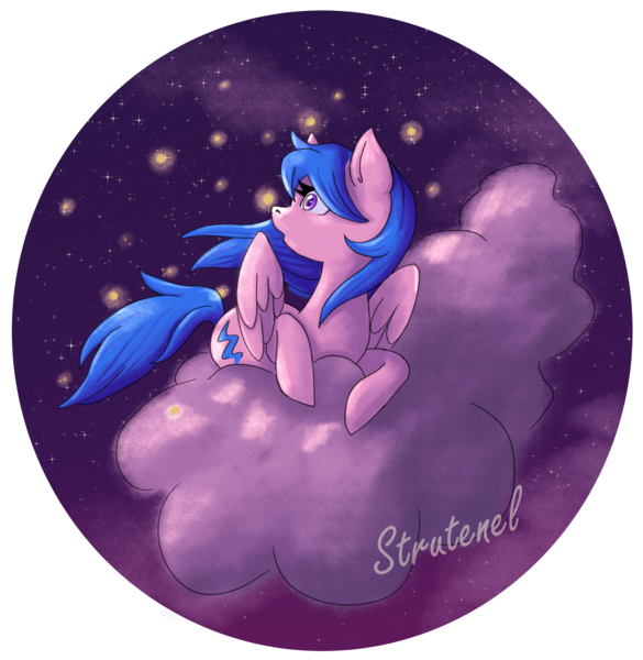 Size: 3472x3560 | Tagged: safe, artist:strutenel, derpibooru import, firefly, firefly (insect), insect, pegasus, pony, cloud, female, g1, g1 to g4, generation leap, image, lying down, night, night sky, partial background, png, prone, simple background, sky, solo, transparent background