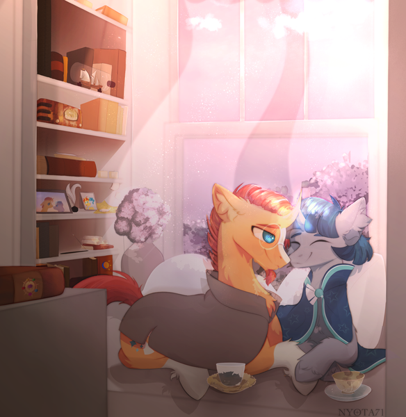 Size: 1389x1427 | Tagged: safe, artist:nyota71, derpibooru import, stygian, sunburst, pony, unicorn, accessory swap, bookshelf, cape, clothes, commission, cup, curved horns, gay, image, lying down, male, png, prone, ship in a bottle, shipping, styburst, teacup, window