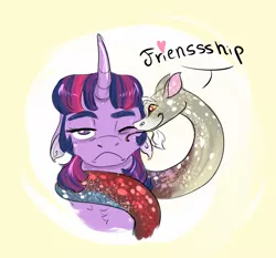 Size: 1500x1400 | Tagged: safe, artist:miyalaflordorada, derpibooru import, discord, twilight sparkle, draconequus, pony, snake, curved horn, female, floppy ears, friendshipping, frown, heart, horn, image, licking, one eye closed, one eye open, png, ponytober, species swap, tongue out, unamused