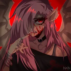 Size: 768x768 | Tagged: grimdark, artist:inxinfate, derpibooru import, fluttershy, anthro, bat pony, bat ponified, blood, choker, ear piercing, earring, female, flutterbat, image, jewelry, piercing, png, race swap, ring, solo