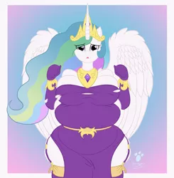 Size: 1785x1819 | Tagged: suggestive, artist:duragan, derpibooru import, princess celestia, alicorn, anthro, blimpestia, clothes, expanding, image, inflating, inflation, jewelry, looking at you, png, purple dress, story in the source, story included, swollen, this will end in explosions, torn clothes, wardrobe malfunction, worried