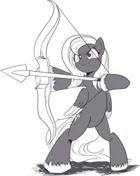 Size: 1424x1789 | Tagged: safe, artist:nauyaco, derpibooru import, oc, pegasus, pony, arrow, bipedal, bow (weapon), bow and arrow, dexterous hooves, female, image, mare, monochrome, png, solo, weapon