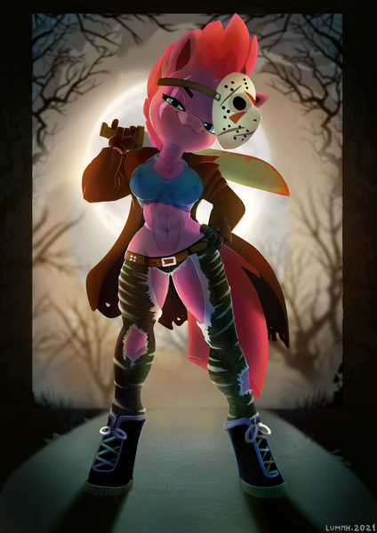 Size: 2121x3000 | Tagged: safe, artist:lummh, derpibooru import, tempest shadow, anthro, unguligrade anthro, unicorn, abs, blade, blood, breasts, broken horn, busty tempest shadow, cloak, clothes, cosplay, costume, erect nipples, halloween, holiday, hooves, horn, image, jason voorhees, midriff, moon, nightmare night, nipple outline, pants, png, scar, shirt, shoes, solo, torn clothes, tree